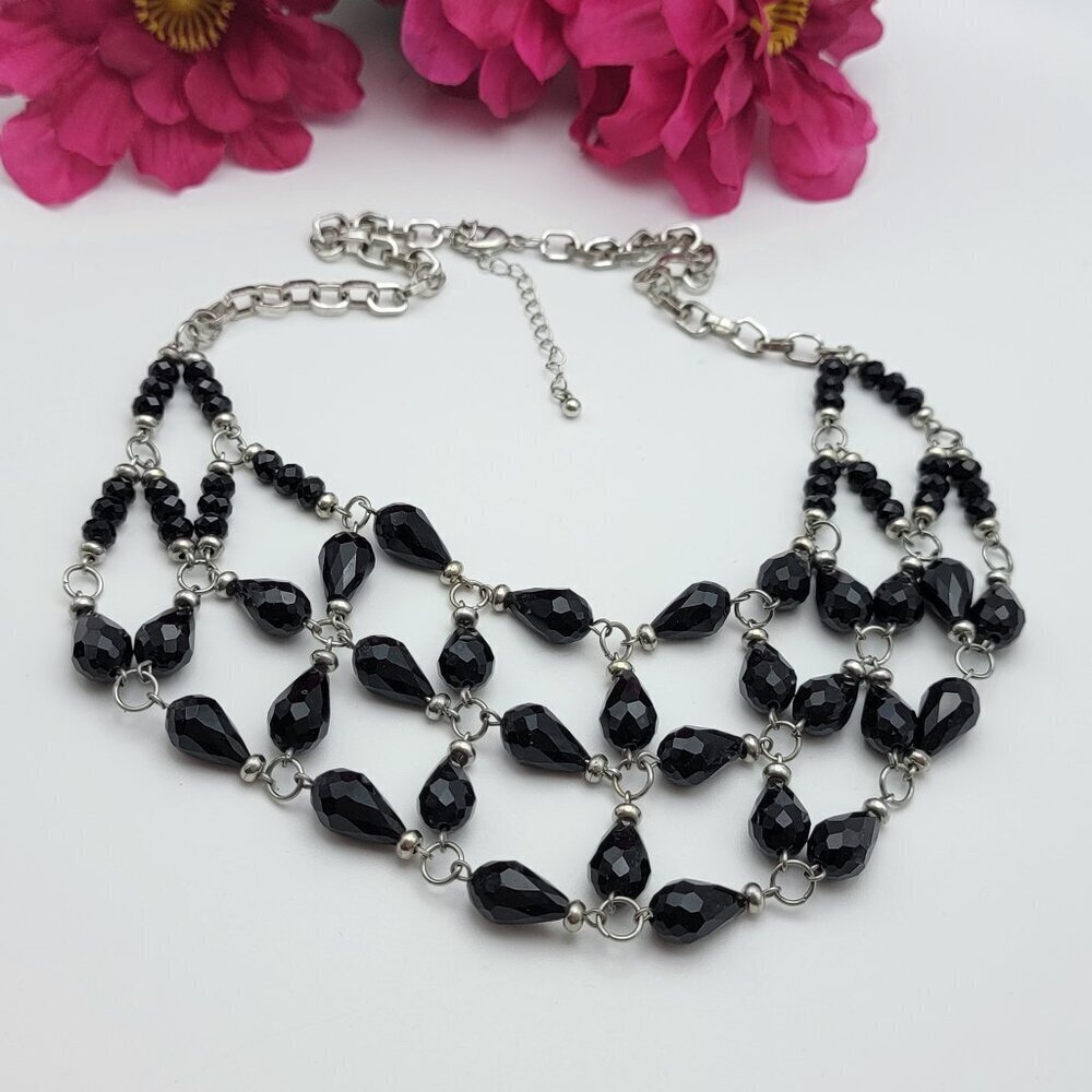Black Faceted Teardrop Glass Crystal Waterfall Bib Necklace 22.5 In Silver Tone